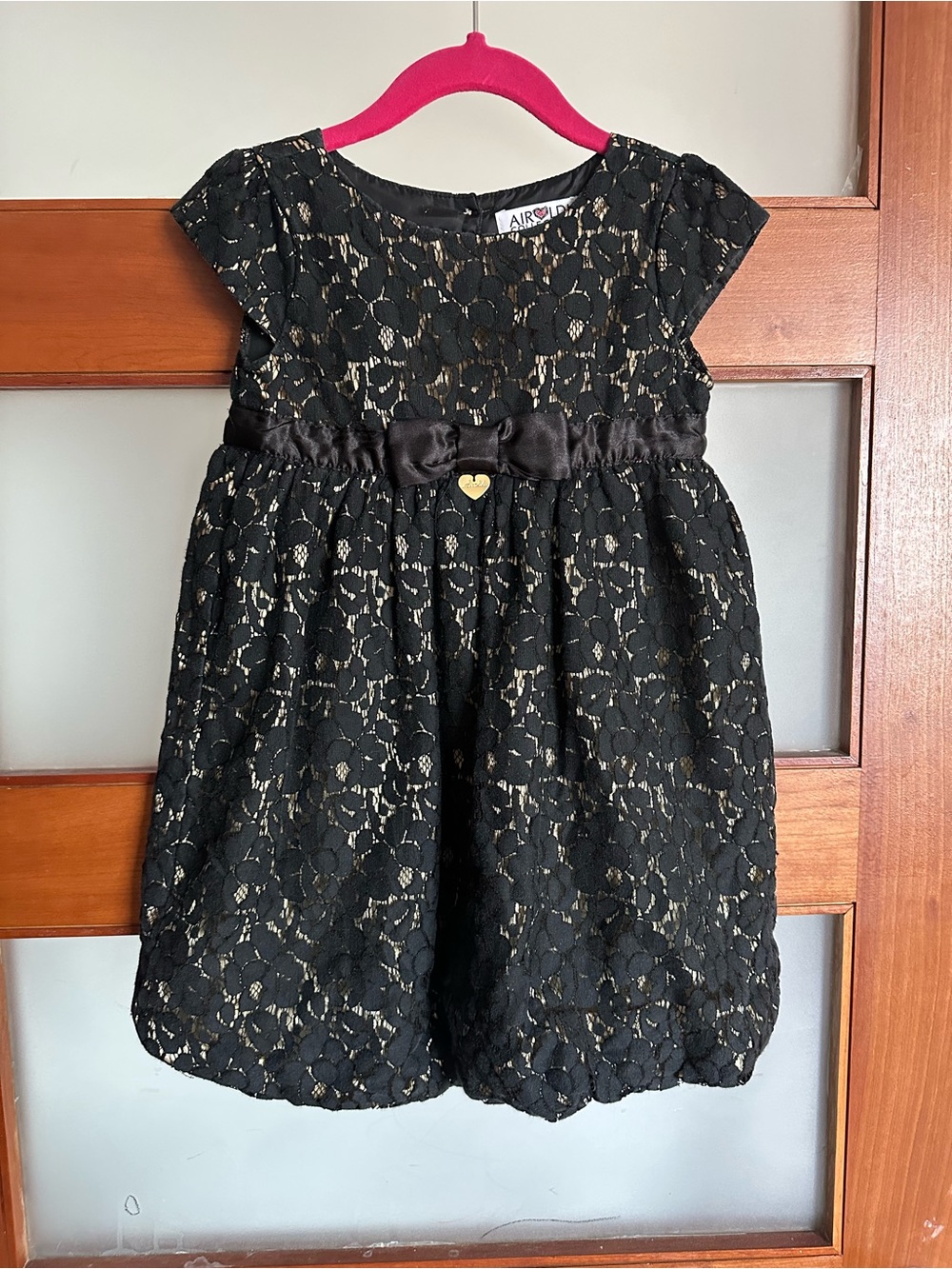 Airaldi Girls' Black Lace Dress with Gold Underlay and Satin Bow!  Toddler size
